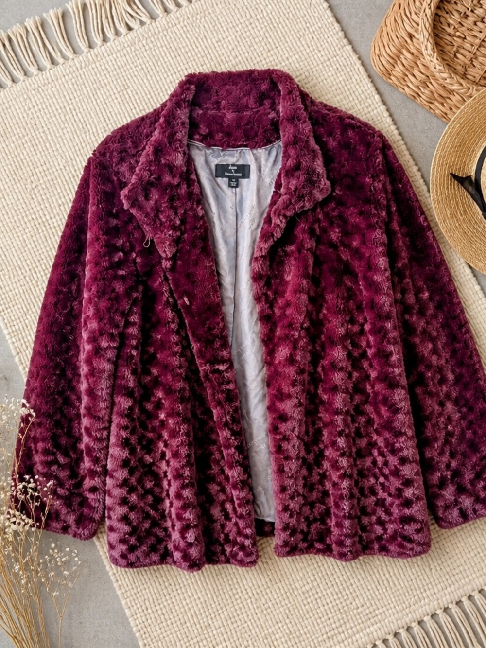 Sennis Basso 1X Burgundy/Plum Faux Fur Coat Plush Texture Statement Coat